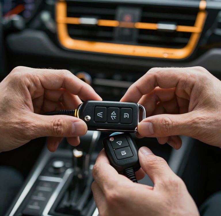 Macro high-contrast shot of hands using a technical transponder key programmer inside a vehicle cabin, dashboard lights casting a sharp amber glow