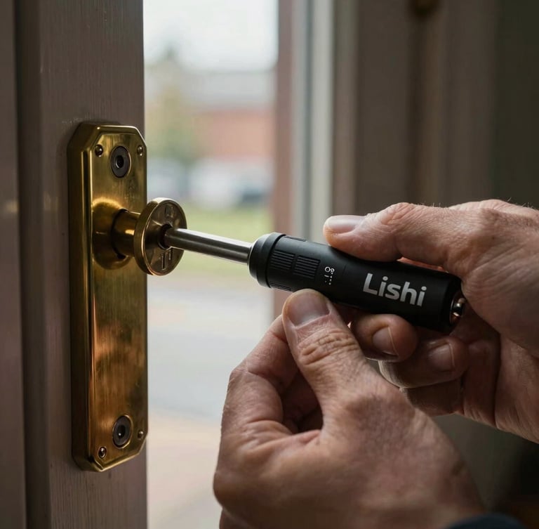 Tight macro shot of a locksmith's hands using a professional Lishi tool to rekey a modern brass deadbolt, overcast Cleveland daylight filtering through a doorway, shallow depth of field.