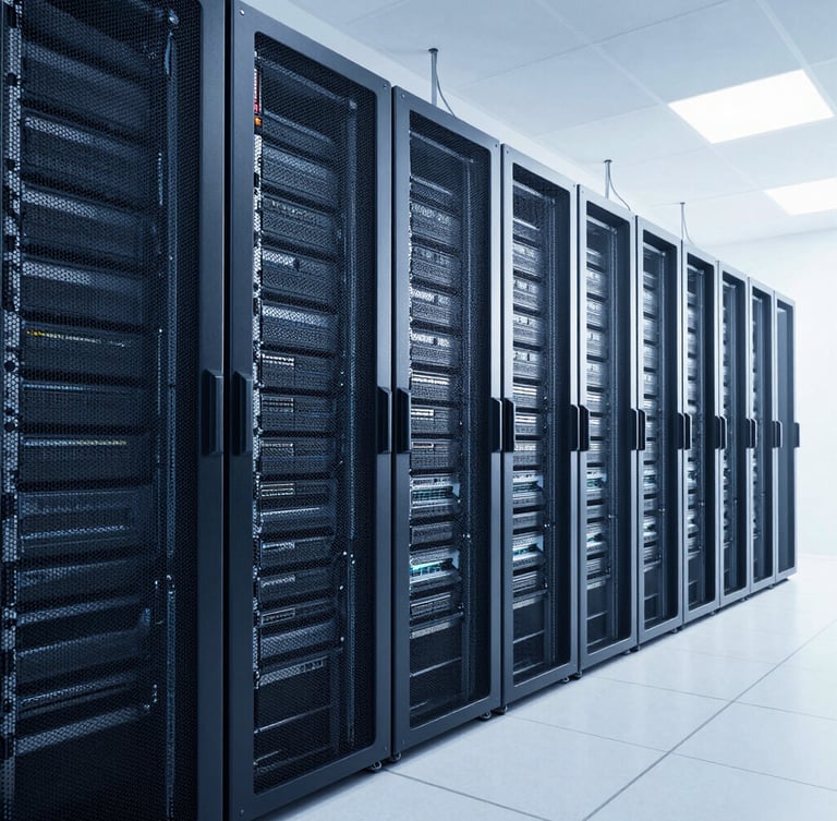 Ultra-wide, structured architectural shot of physical server racks in a modern data center, high-contrast cool-toned blue and white studio lighting, clean perspective lines, no people.