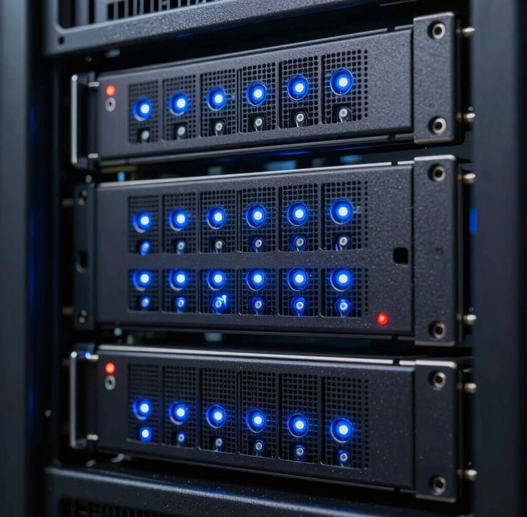 Macro close-up of high-performance server rack architecture, cool blue LED indicators, structured physical data center layout, high contrast.