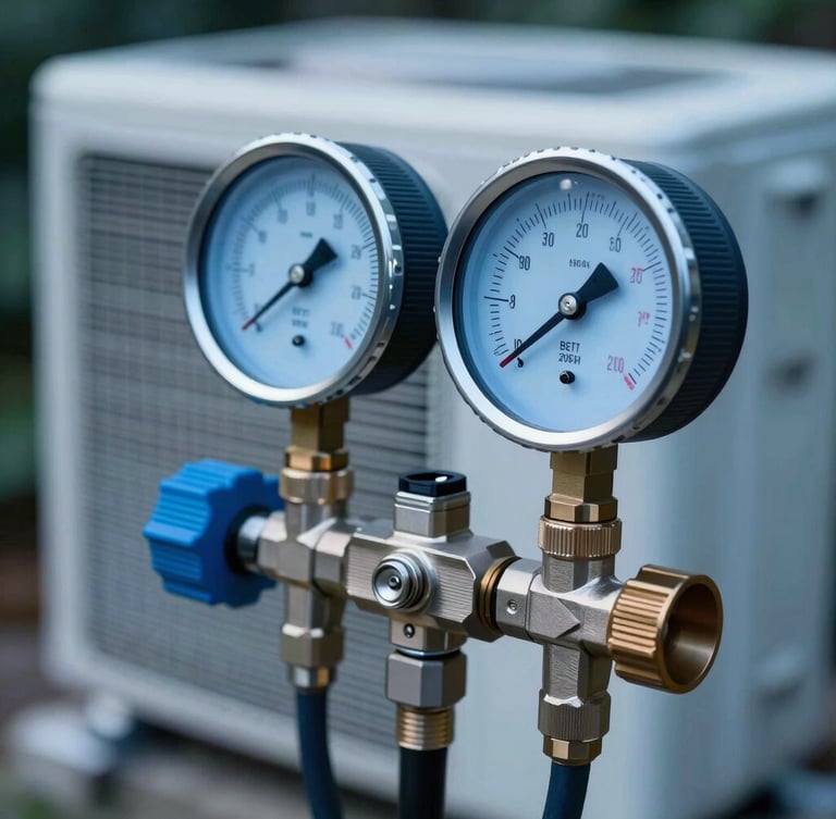 Macro shot of a high-tech digital manifold gauge connected to a clean outdoor AC unit, showing precise pressure measurements in cool blue tones.