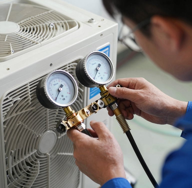 Macro shot of a certified technician servicing a clean Midea AC unit, using digital manifold gauges under cool bright lighting, focus on technical precision