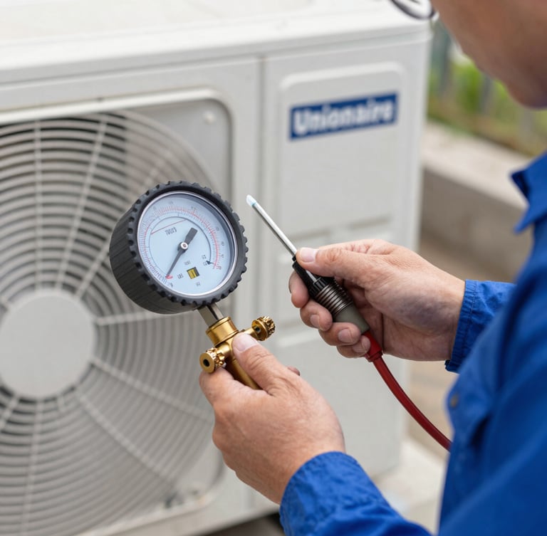 Macro shot of a certified technician in a crisp blue uniform using a digital manifold gauge to check pressure on a modern Unionaire AC outdoor unit, cool bright daylight, professional and technical atmosphere.