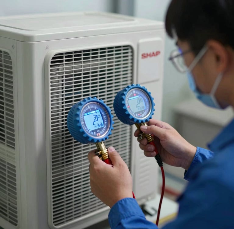 A close-up shot of a certified technician in a clean uniform servicing a Sharp indoor AC unit, using a digital manifold gauge with cool blue lighting reflecting off the clean coils.