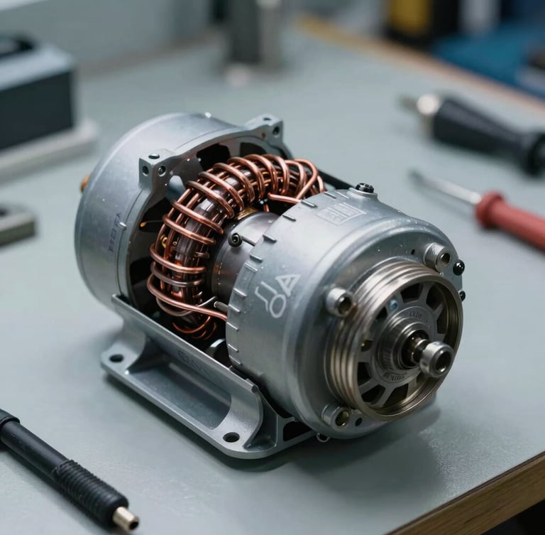 Macro shot of a brand new, genuine AC fan motor and copper coils on a clean technical workbench, cool bright lighting, professional tools nearby