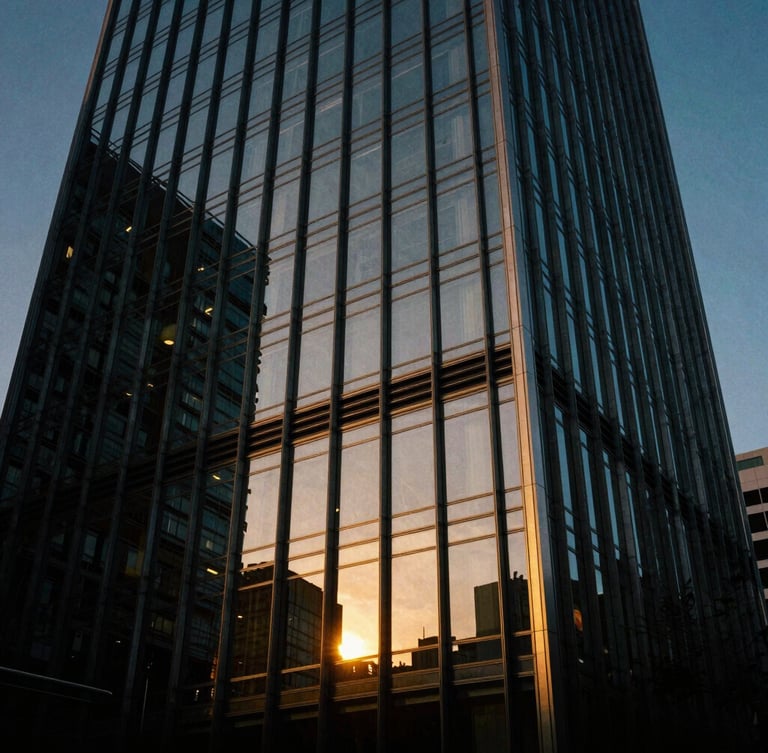 A low-angle dramatic architectural photograph of a modern glass skyscraper reflecting the golden hour sun, deep twilight shadows, premium obsidian tones, 35mm film aesthetic.