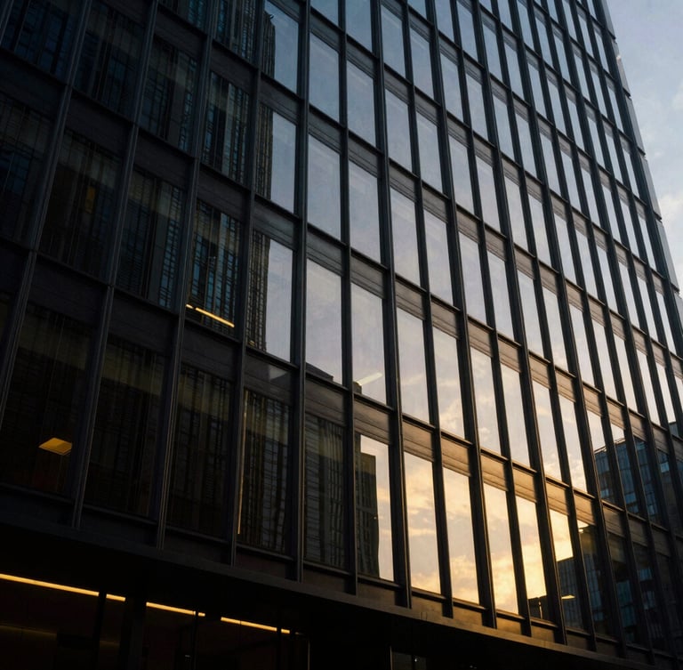 Low-angle architectural shot of a modern steel-and-glass skyscraper facade reflecting twilight golden hour light, deep obsidian tones