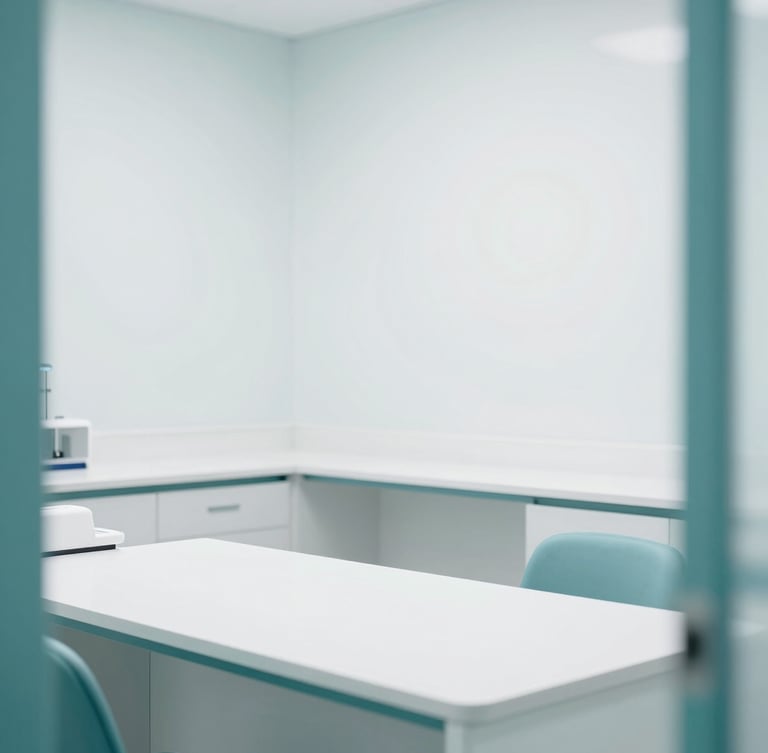 Bright modern clinical consultation room, clean white desks, sterile teal accents, high-key daylight, sharp focus.