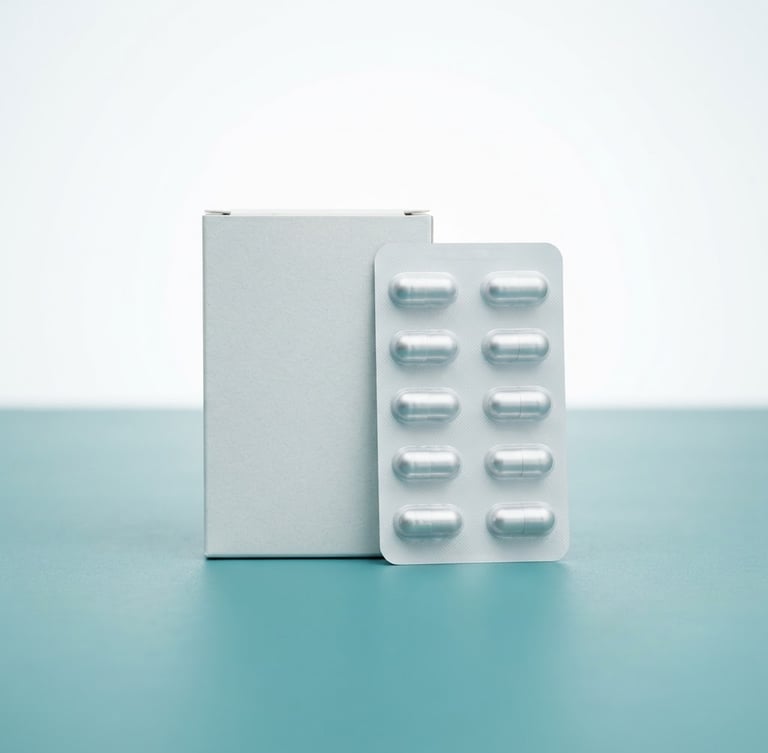 Clean clinical photography of HealBooster medicine packaging on a sterile teal surface, bright high-key studio lighting, sharp focus, 50mm