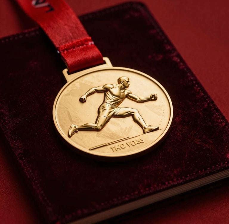 Close-up of an official gold medal resting on a dark velvet ledger, dramatic low-key lighting, crimson reflections, sharp focus.