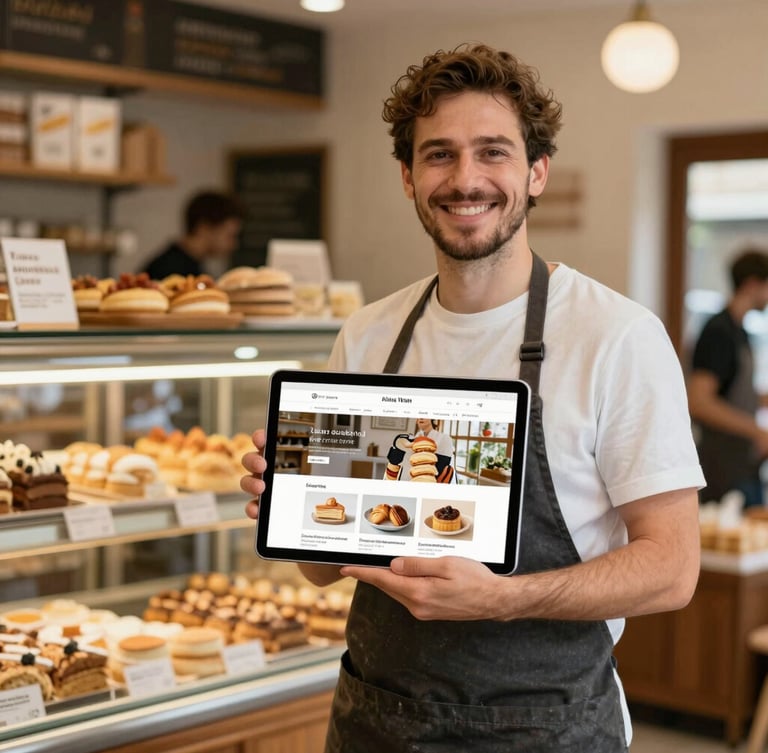 A warm, natural light shot of an Italian bakery owner smiling in her shop, holding a tablet displaying a modern clean website mockup, soft background, 35mm lens