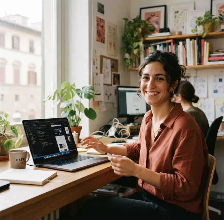 Warm editorial portrait of a professional Italian web designer in a bright, daylight-filled studio with a laptop, smiling warmly, 35mm lens, soft shadows.