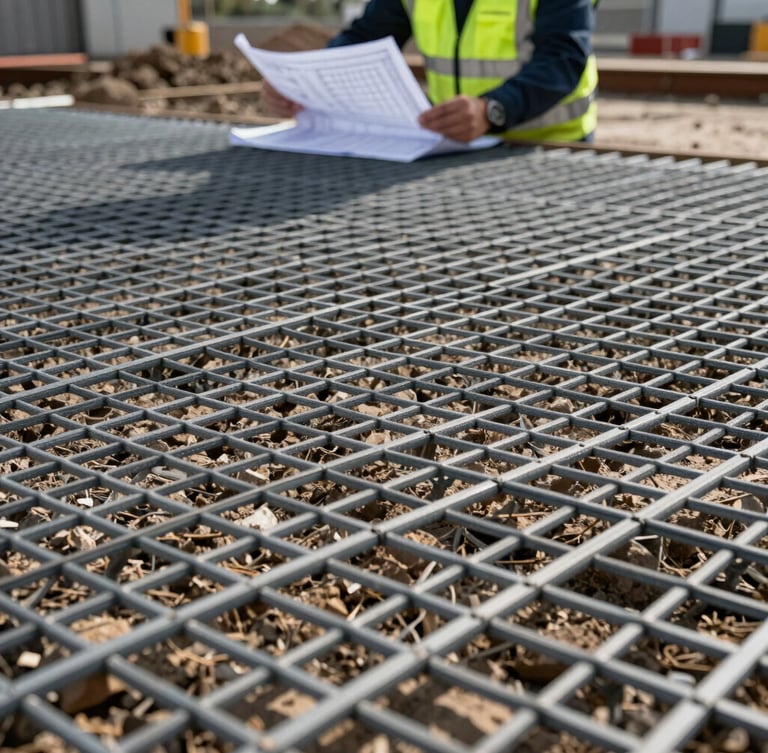 Close-up texture of high-tensile geogrid material over stabilized soil, civil engineer in safety gear reviewing blueprints in background, sharp focus, dramatic daylight.