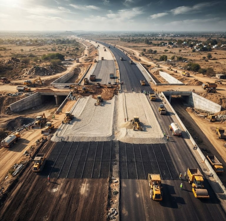 Wide-angle aerial shot of a massive multi-lane Indian highway under construction, showcasing layered soil stabilization grids beneath the aggregate, dramatic daylight.