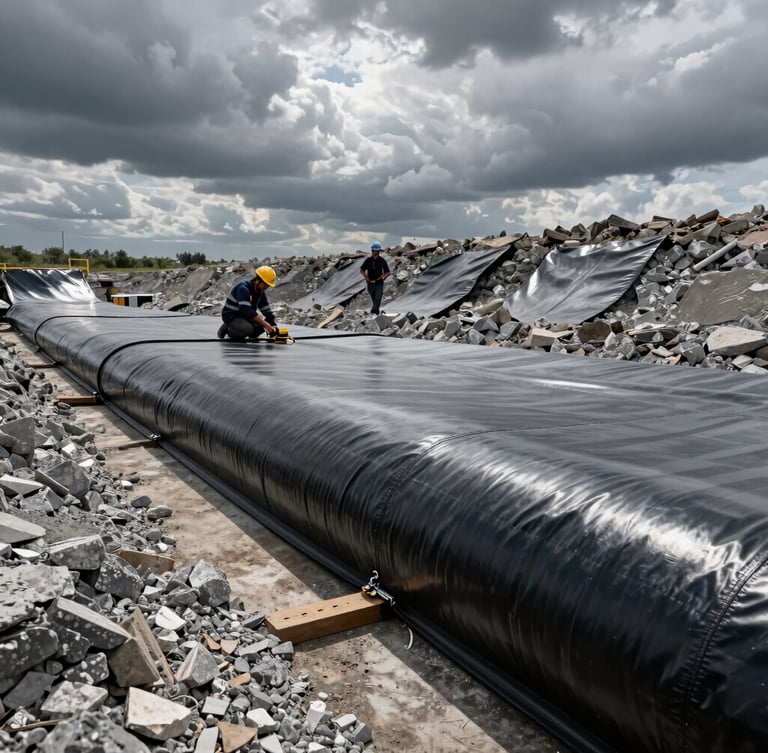 Cross-section of a municipal landfill containment cell, showing a thick black HDPE geomembrane sheet being welded by technicians under dramatic overcast sky.
