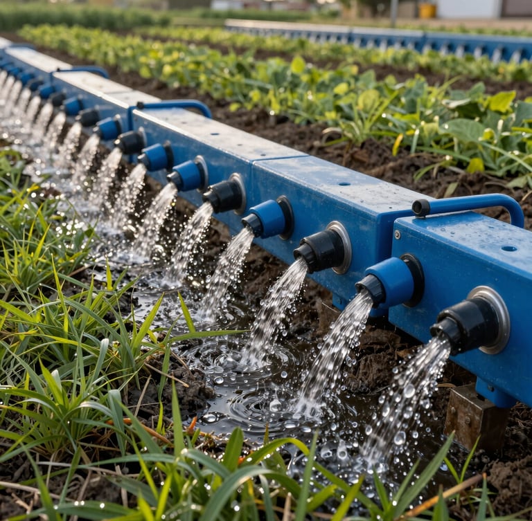 Primer plano técnico de un emisor de goteo de alta precisión instalado en suelo fértil de Veracruz, gotas de agua saliendo perfectamente calibradas, luz natural de tarde