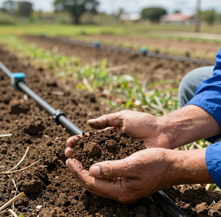 Close-up documentary shot of a soil engineer in Veracruz examining rich dark earth in his hands, modern drip irrigation lines visible in the blurred background, bright natural morning light, 35mm.