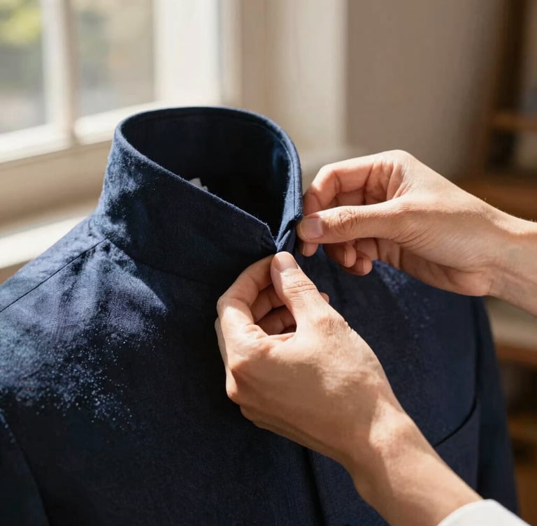 Close-up of a tailor's hands carefully aligning a deep navy linen collar, warm natural daylight streaming through a workshop window, sharp focus on fabric texture