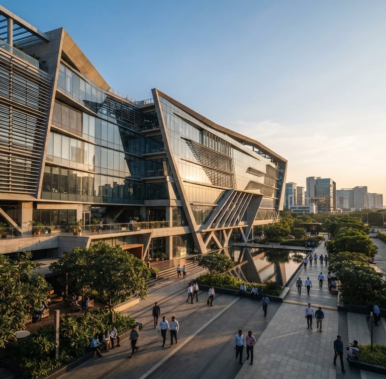 Wide architectural view of a modern tech hub in Hyderabad, sharp geometric lines of glass and concrete, warm golden-hour daylight casting long shadows, professional atmosphere.
