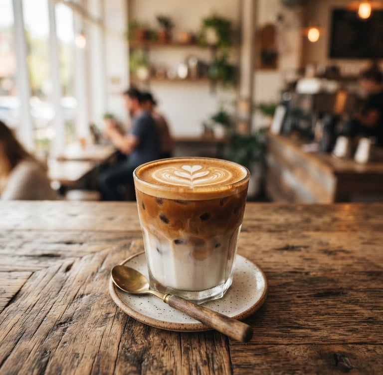 A vibrant iced coffee with latte art on a rustic wooden table, soft natural window light, inviting cafe background, shallow depth of field, 35mm, warm editorial food photography