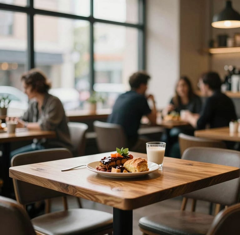 Warm and inviting interior of a modern café, soft natural window daylight, cozy seating, wooden tables, a few customers chatting, shallow depth of field, 35mm.