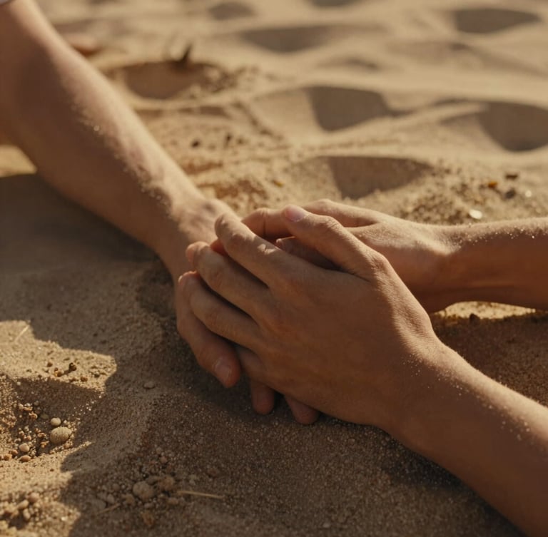 Intimate close-up of a couple's hands gently intertwined, warm golden sun-drenched light casting long shadows on soft sand, cozy cinematic atmosphere.