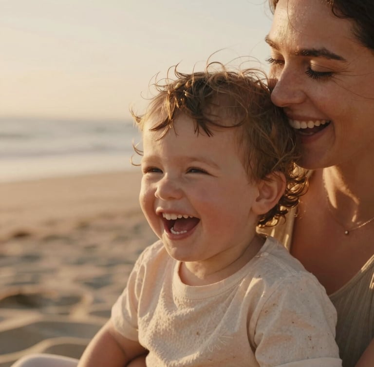 Candid close-up of a mother laughing with her toddler on a sandy beach, warm golden hour sun, soft terracotta tones