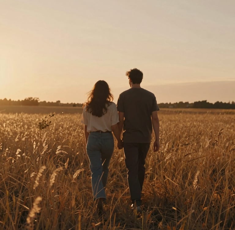 Cinematic wide shot of a couple walking through a golden wild grass field at sunset, backlit warm light, 35mm film look