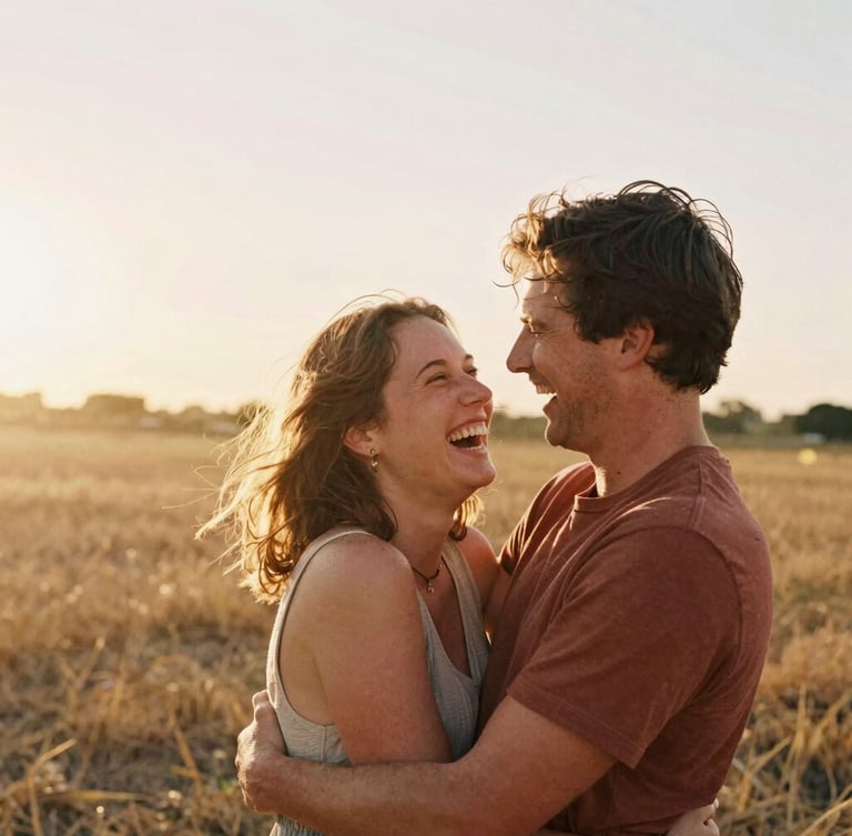 A candid couple laughing and embracing in a warm, sun-drenched golden hour field, soft natural backlit lighting, 35mm film look