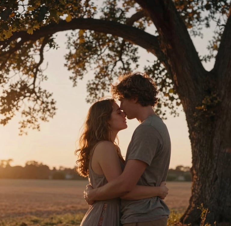 Cinematic medium shot of a young couple embracing under a large oak tree, backlit by warm sunset light, 35mm film style