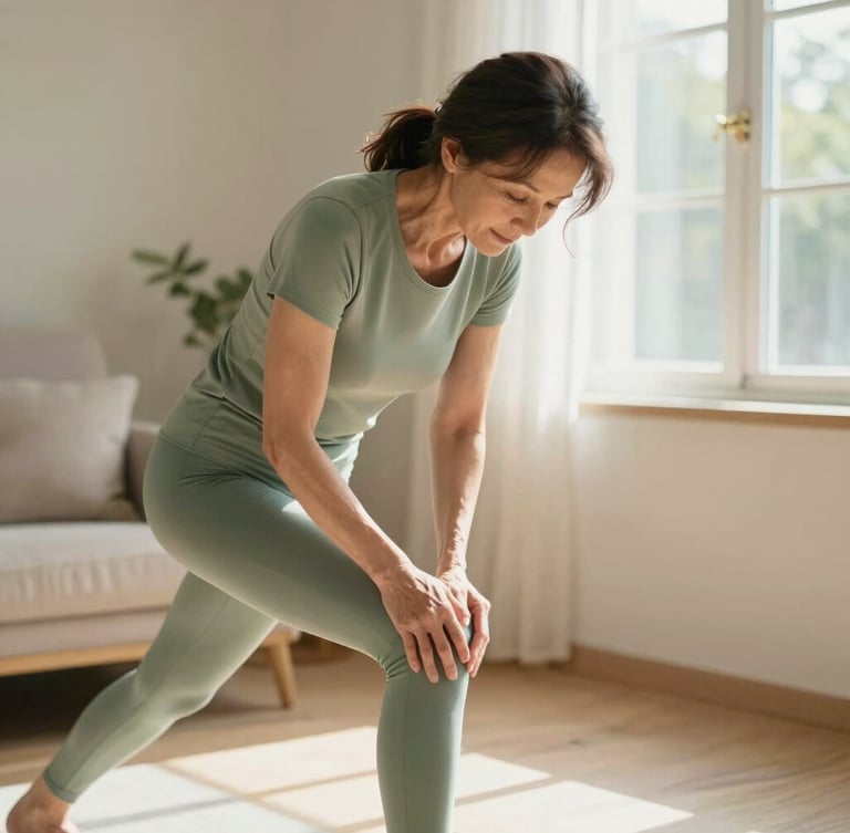 Warm editorial photography of a mature 50-year-old woman doing a gentle knee stretch on a chair in a bright, sunlit living room, soft morning light, sage green tones, shallow depth of field, 35mm