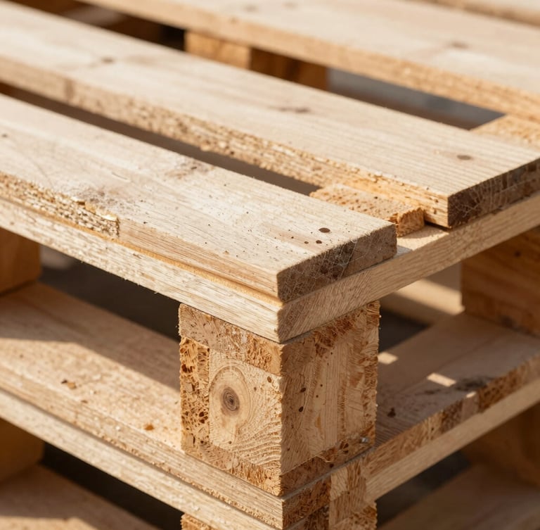 Macro close-up of clean, freshly cut timber joints of a heavy-duty wooden pallet, bright natural daylight, warm wood tones, sharp focus, 35mm