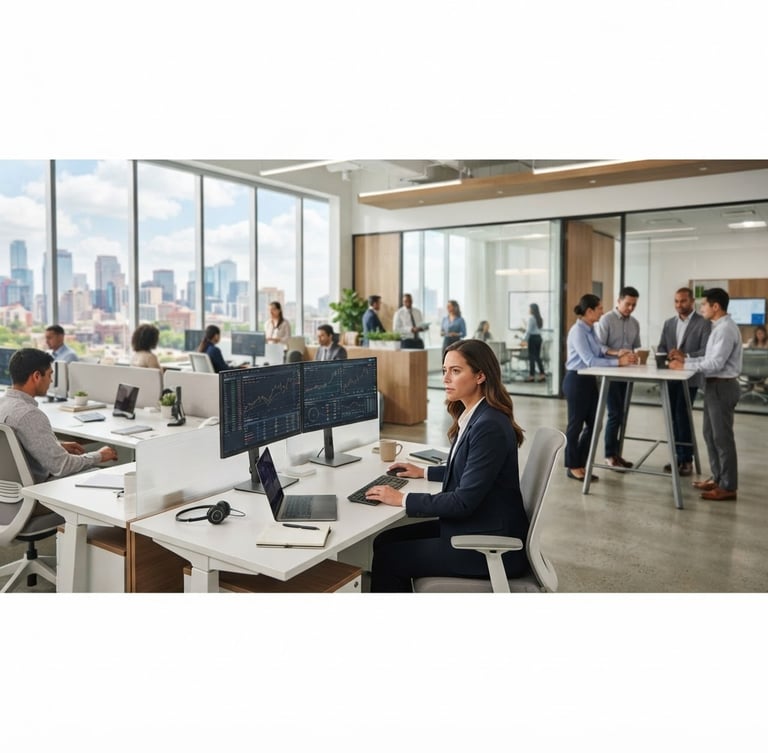 Wide panoramic view of a modern corporate office interior, clean architecture, natural daylight streaming through large windows, subtle financial data on screens in the background, a professional, shallow depth of field, 35mm