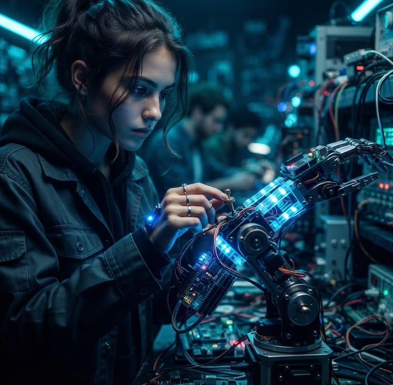 A young student adjusting a glowing physical robotic arm with visible microcontrollers and wires, neon blue rim lighting, dark futuristic background.