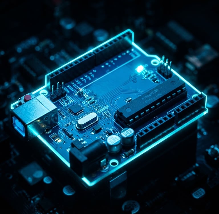 Close-up of a glowing Arduino board with neon blue rim lighting, dark high-contrast background, macro depth of field