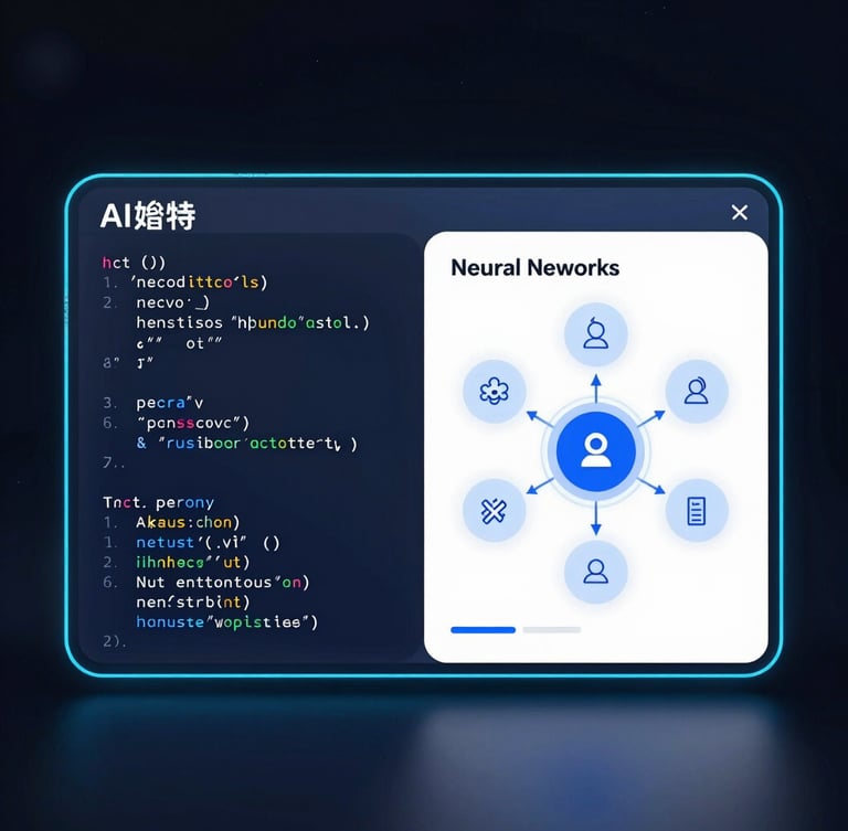 A clean, high-tech interface of an AI tutoring application showing code debugging on the left and a chat assistant explaining neural networks on the right, neon blue accents.