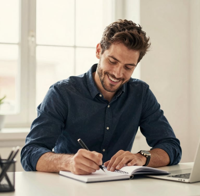 Warm editorial portrait of Andrés, a friendly financial consultant in a navy shirt, writing in a notebook at a clean desk in a sunlit workspace, shallow depth of field, 35mm