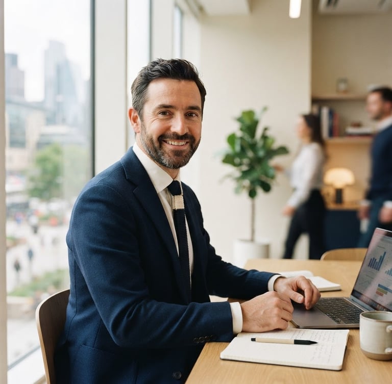 Portrait of a male financial consultant in a bright, modern workspace, soft natural window light, cream and navy tones, shallow depth of field, 35mm