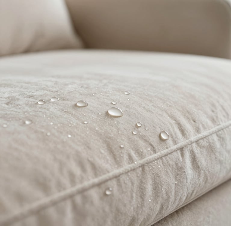 A macro photograph of liquid droplets perfectly beading up on a light cream Italian velvet couch, soft diffused residential lighting, luxury interior background.