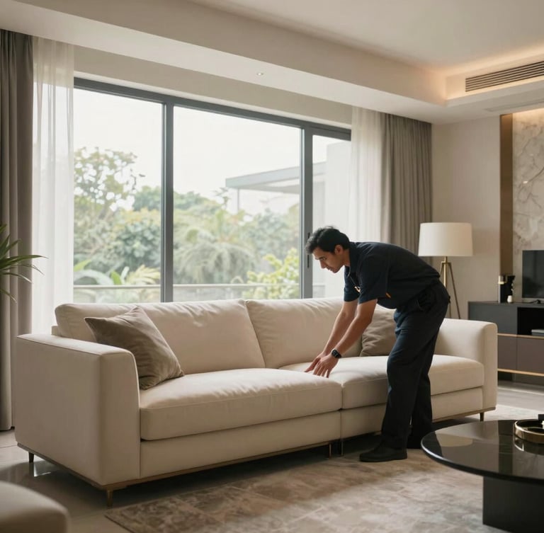 Wide angle shot of a clean, modern luxury living room in Pune, soft natural window light, a technician in a clean dark uniform carefully inspecting a cream-colored sofa.