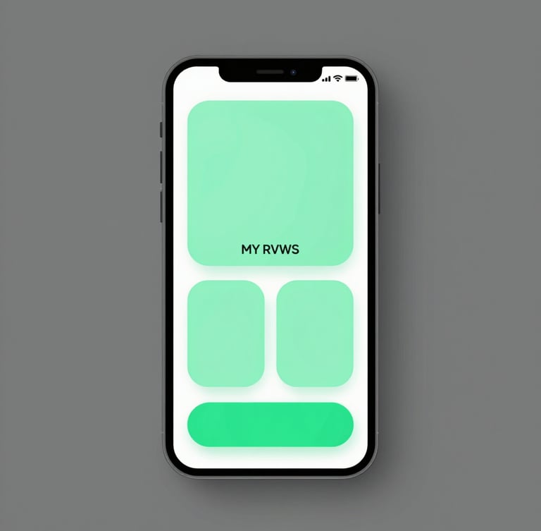 Front-on UI mockup of a smartphone displaying a clean MY RVWS profile on a slate gray background, with vibrant mint green buttons and soft shadows, crisp studio light, sharp focus