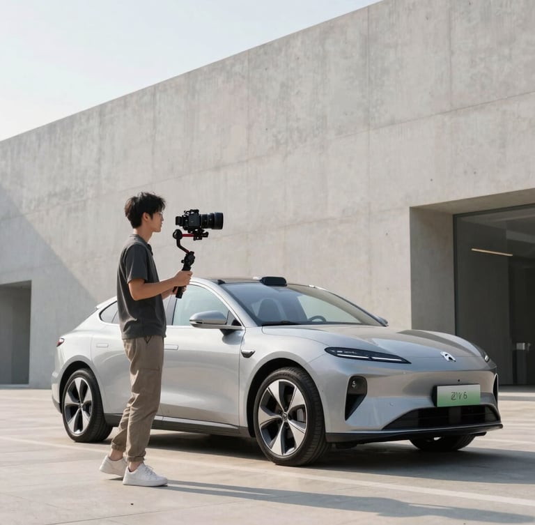 A professional videographer using a gimbal stabilizer to shoot a clean modern electric vehicle parked outside an architectural concrete building, soft morning light, editorial framing.