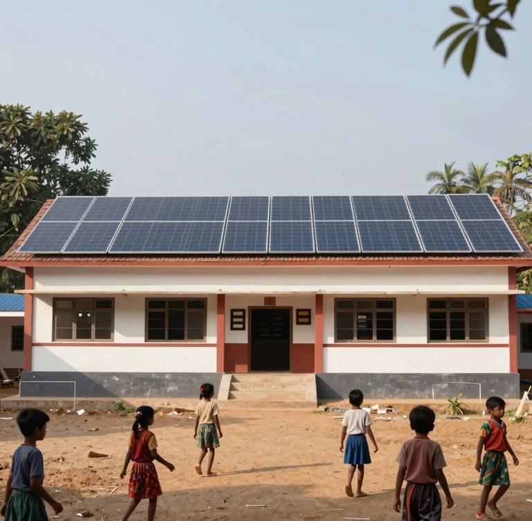 Documentary photograph of a newly constructed, well-lit school building in a rural Indian village, showing solar panels on the roof and children playing in the foreground, natural daylight, professional corporate realism.