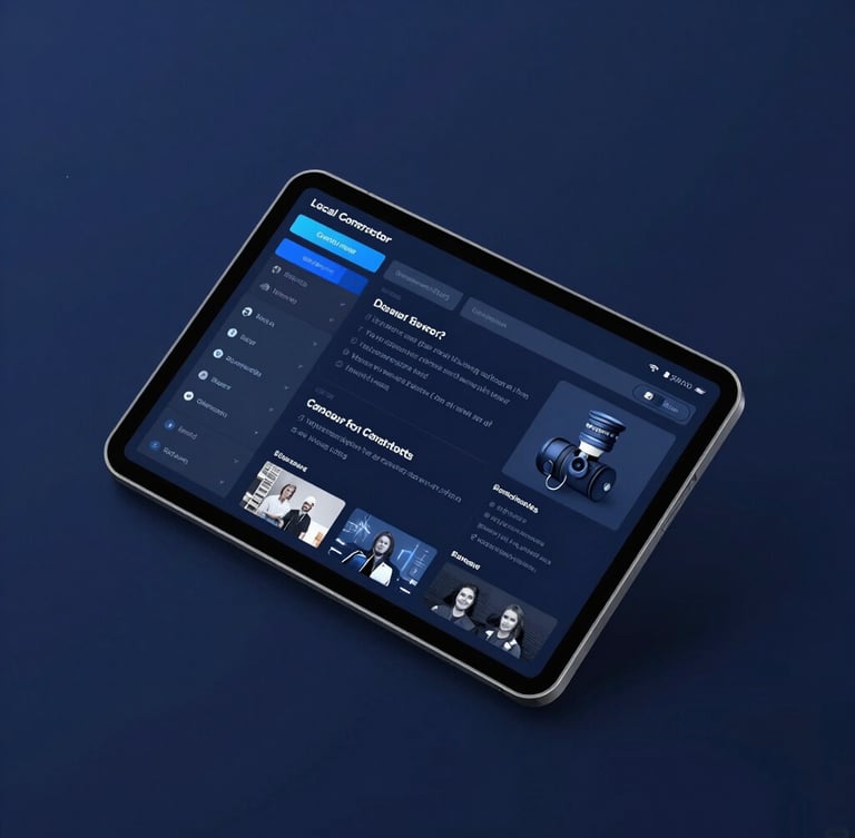 Isometric view of a modern tablet displaying a local contractor service dashboard, sharp focus, clean midnight blue background with electric blue highlights, 35mm lens