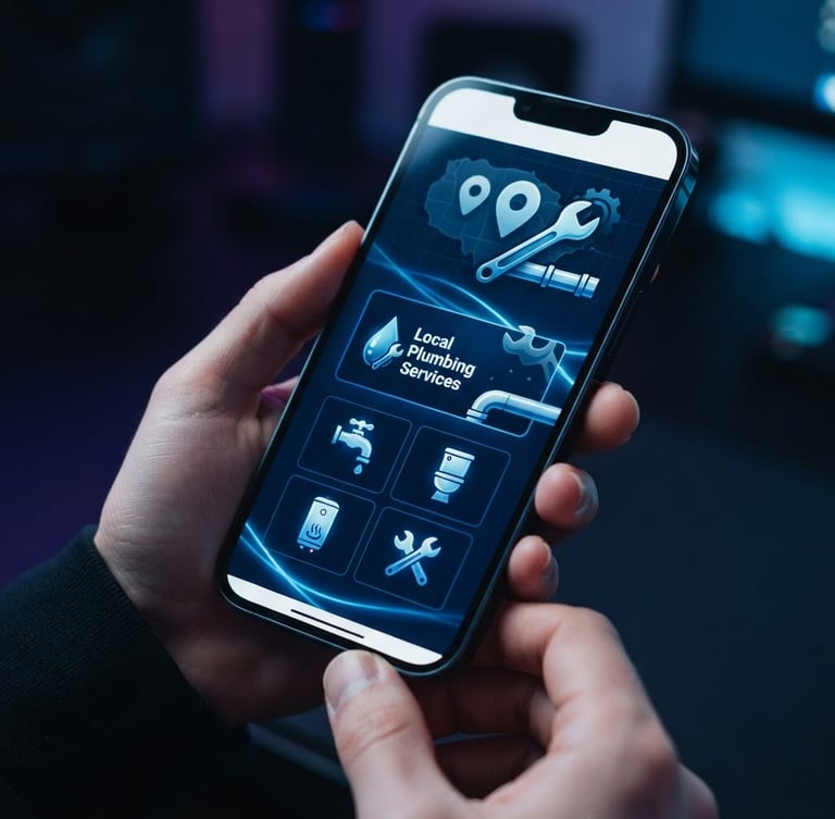Sleek close-up of a modern smartphone displaying a local plumber website, sharp focus, cool studio lighting with electric blue ambient highlights, 35mm lens