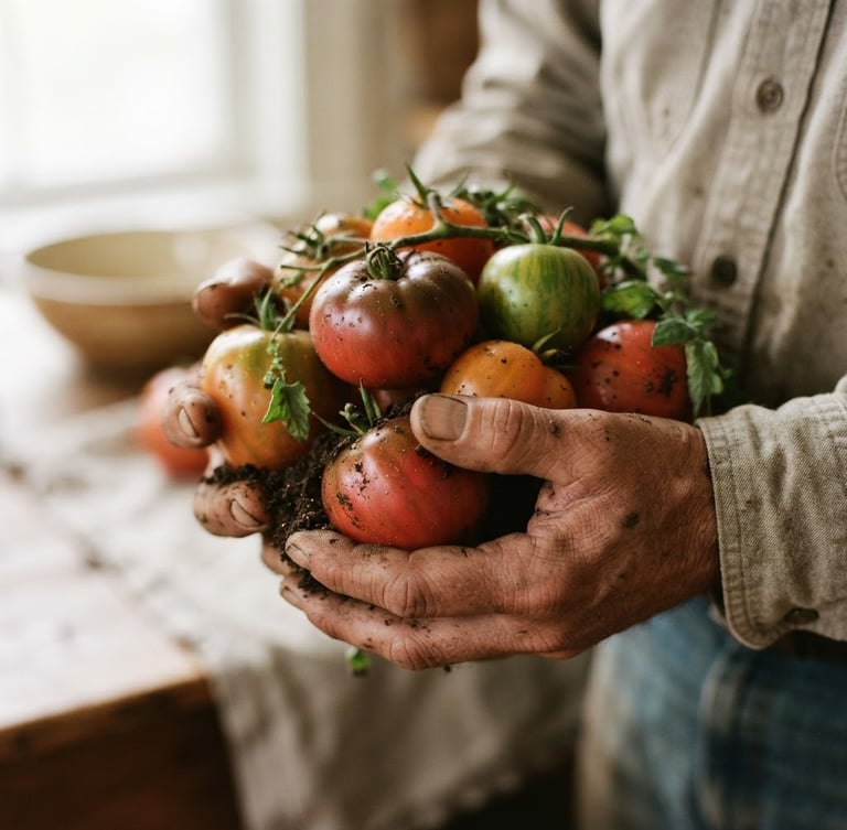 Close-up of weathered hands holding freshly harvested organic heirloom tomatoes, rich soil clinging to the skin, soft natural morning window light, warm earthy tones, shallow depth of field, 35mm film.