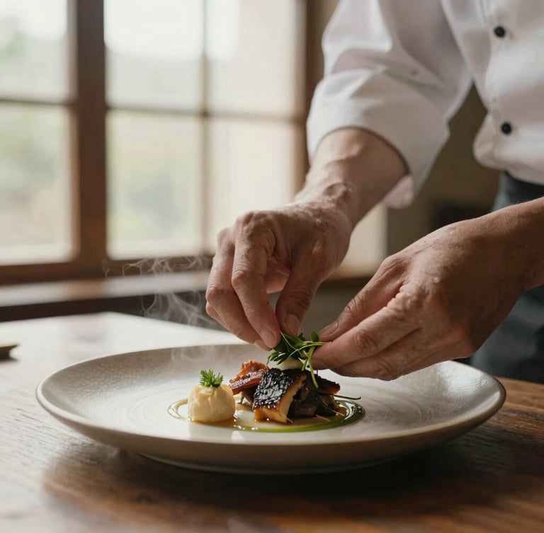 Portrait shot of a chef's hands delicately placing a garnish on a beautifully styled plate, steam rising subtly, soft natural window light, warm earthy tones, shallow depth of field.