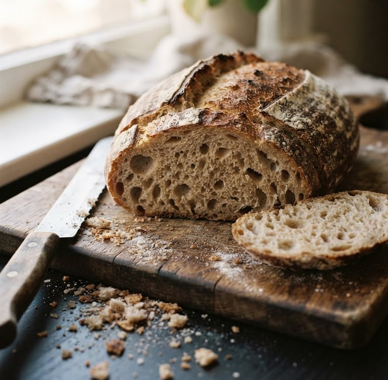 Close-up macro food shot of a rustic sourdough bread sliced on a wooden board, warm natural window light, crumbs on dark table, 35mm film style