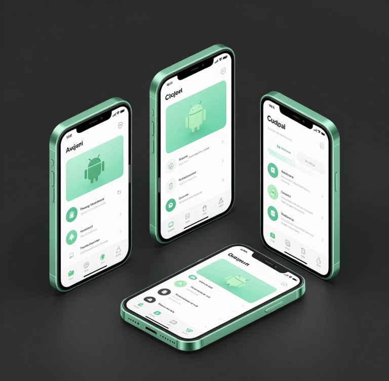 Isometric vector mockup of three Android devices displaying clean application interfaces, sharp mint-green accents, dark slate background, crisp studio lighting.