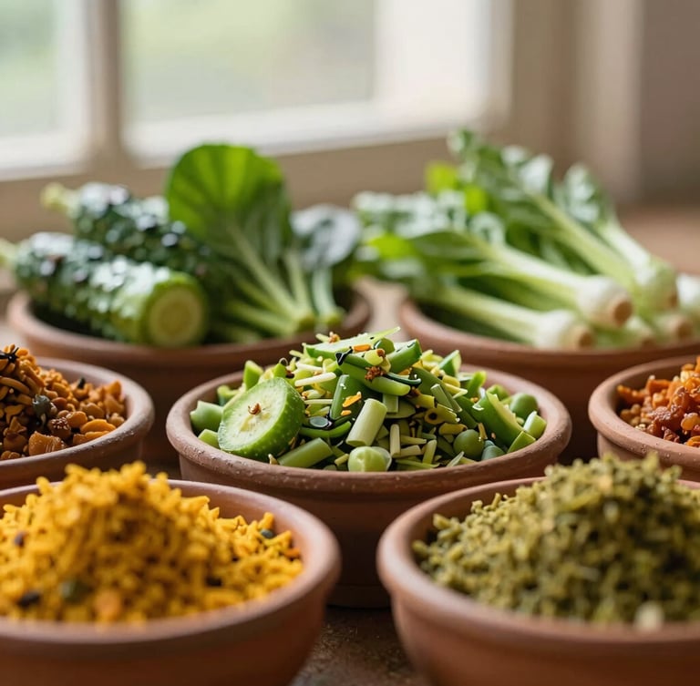 Macro shot of fresh, colorful Maharashtrian vegetables and dals in handmade ceramic bowls, warm morning window light